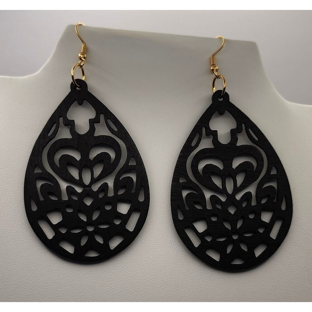 Tear Drop Shaped Wood Cutout Earrings Black Lightweight Boho Hippie